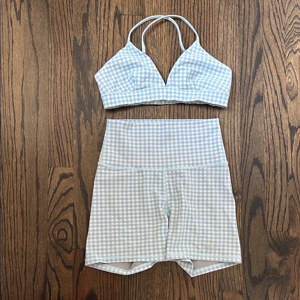 Alo Yoga Blue Gingham Sports Bra and Shorts Set